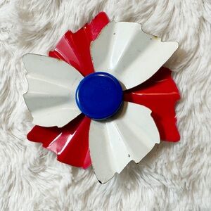 Vintage Mod Red White and Blue 6 Petal Enamel Flower Brooch